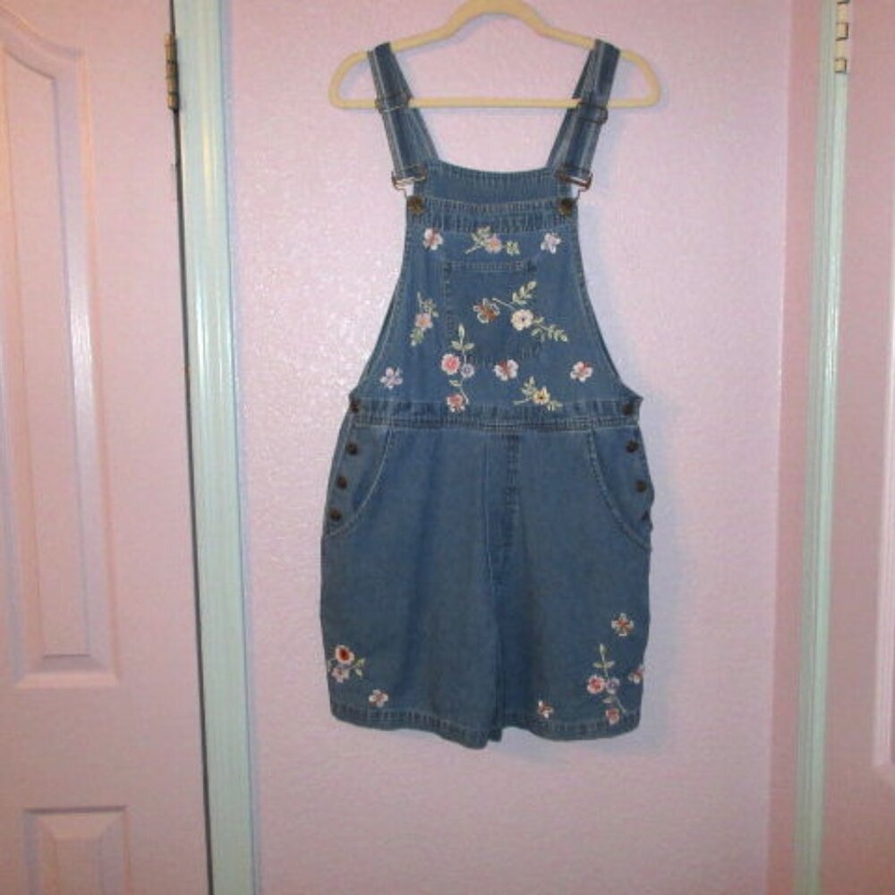 Vtg Agapo Embroidered Denim Overalls M P Shortalls Cottagecore Prairie 90s Y2K